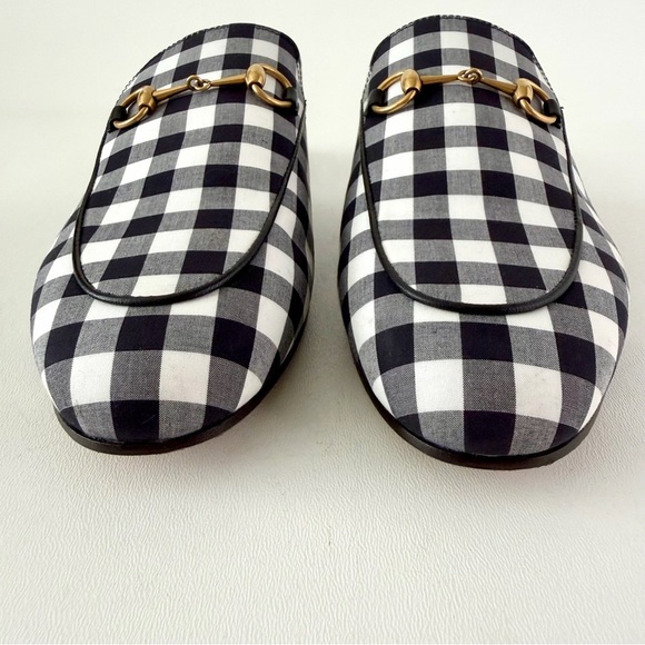 GUCCI | Black & White Gingham Check Princetown Horsebit Mules Loafers Flats 38.5 - Picture 6 of 13